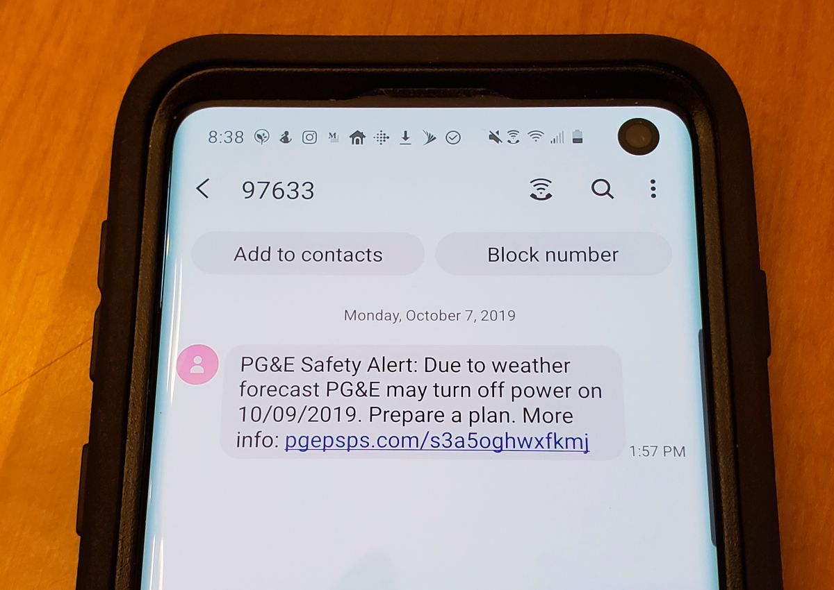 2019 alert to Bay Area residents from PG&E notifying of a potential power shutoff